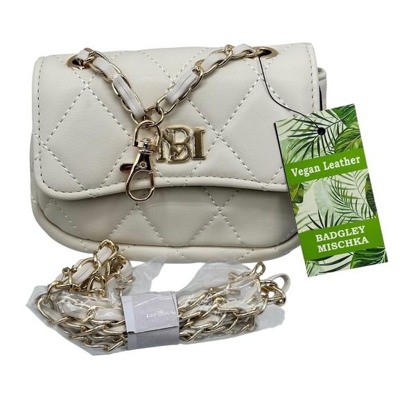Badgley Mischka Mini Purse Off White Vegan Leather Quilted Chain Strap Bag NEW - Picture 1 of 7